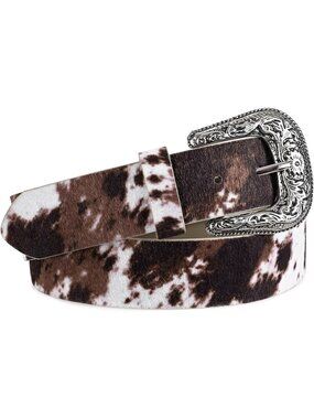 Unisex Cow Print Brown Leather Belt Vintage Western Cowboy Engraved Buckle Belt